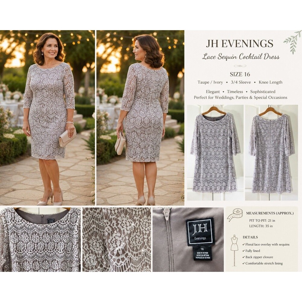 JH Evening Taupe Lace Sequin Sheath Dress Women 16 Luxury Chic Romantic Formal